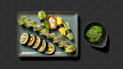 Vega sushi menu med udvalg af plantebaserede sushi hos sushi restaurant i Næstved